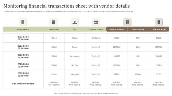 Monitoring Financial Transactions Sheet With Vendor Details Brochure PDF