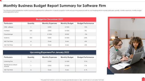 Monthly Business Budget Report Summary For Software Firm Icons PDF