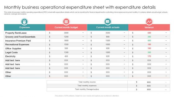 Monthly Business Operational Expenditure Sheet With Expenditure Details Portrait PDF