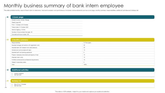 Monthly Business Summary Of Bank Intern Employee Icons PDF