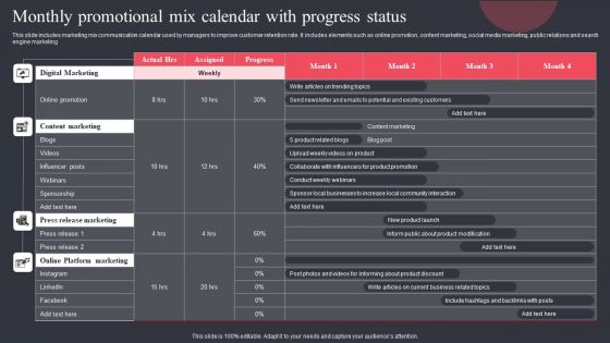 Monthly Promotional Mix Calendar With Progress Status Introduction PDF