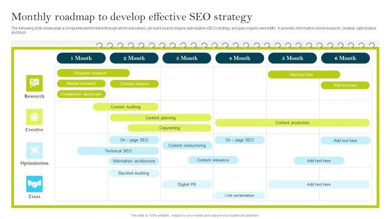 Monthly Roadmap To Develop Effective Seo Strategy Ppt PowerPoint Presentation File Infographics PDF