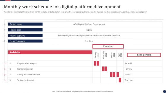 Monthly Work Schedule For Digital Platform Development Pictures PDF