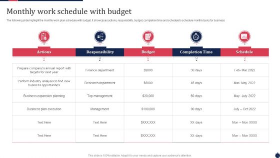 Monthly Work Schedule With Budget Ppt PowerPoint Presentation Gallery Pictures PDF Monthly Work Schedule With Budget Ppt PowerPoint Presentation Gallery Pictures PDF