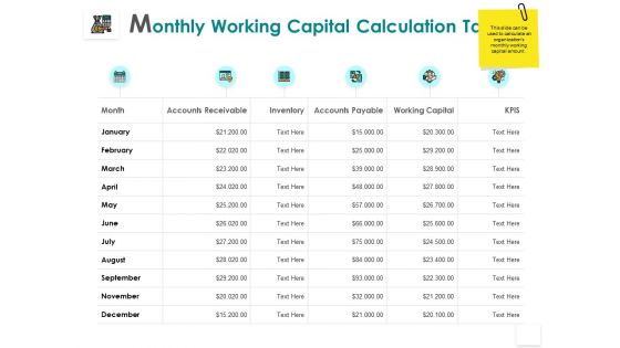 Monthly Working Capital Calculation Table Inventory Strategy Ppt PowerPoint Presentation Icon Picture