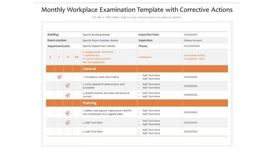 Monthly Workplace Examination Template With Corrective Actions Ppt PowerPoint Presentation Icon Elements PDF