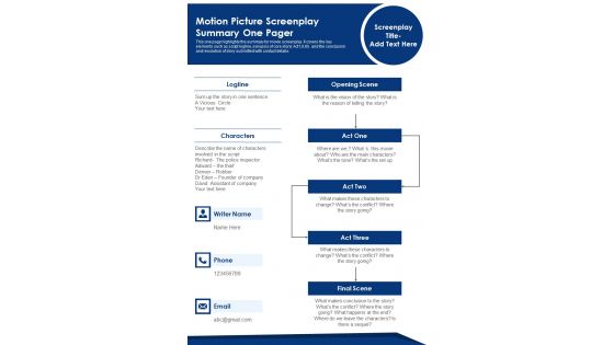 Motion Picture Screenplay Summary One Pager PDF Document PPT Template