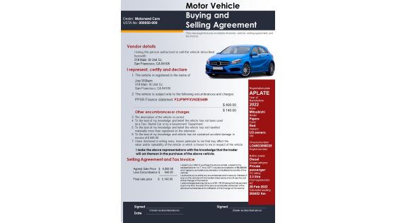 Motor Vehicle Buying And Selling Agreement PDF Document PPT Template