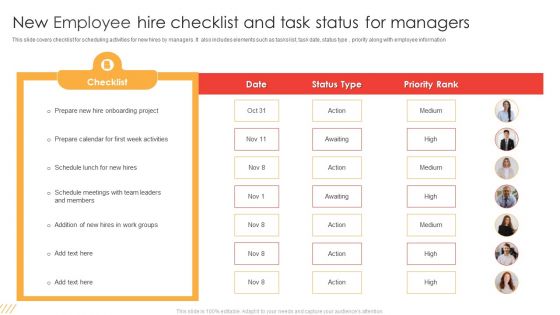 New Employee Hire Checklist And Task Status For Managers Ppt Slides Graphics Design PDF
