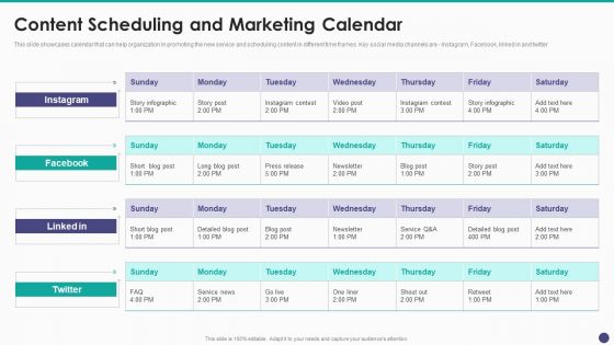 New Service Launch And Development Strategy To Gain Market Share Content Scheduling And Marketing Calendar Designs PDF