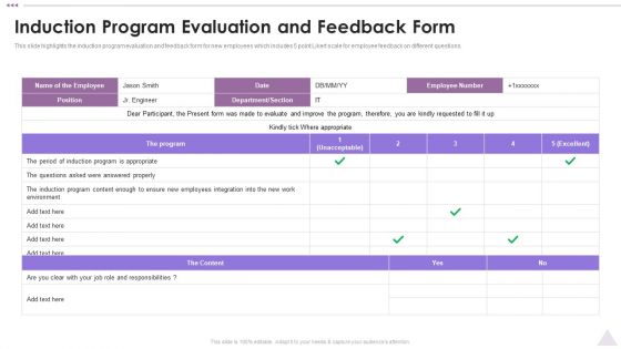 New Staff Orientation Session Induction Program Evaluation And Feedback Form Slides PDF