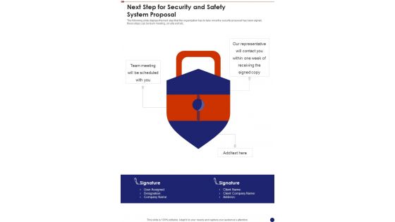 Next Step For Security And Safety System Proposal One Pager Sample Example Document Next Step For Security And Safety System Proposal One Pager Sample Example Document