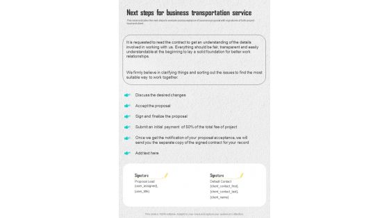 Next Steps For Business Transportation Service One Pager Sample Example Document