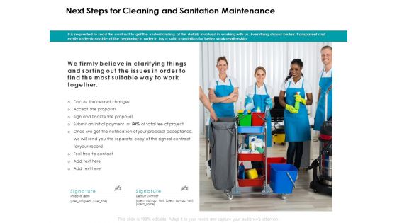 Next Steps For Cleaning And Sanitation Maintenance Contact Ppt PowerPoint Presentation Ideas Aids