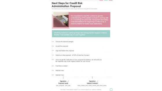 Next Steps For Credit Risk Administration Proposal One Pager Sample Example Document Next Steps For Credit Risk Administration Proposal One Pager Sample Example Document