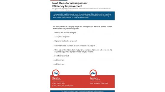 Next Steps For Management Efficiency Improvement One Pager Sample Example Document