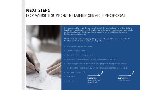 Next Steps For Website Support Retainer Service Proposal Ppt PowerPoint Presentation Model Ideas