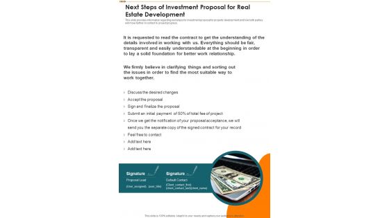 Next Steps Of Investment Proposal For Real Estate Development One Pager Sample Example Document Next Steps Of Investment Proposal For Real Estate Development One Pager Sample Example Document