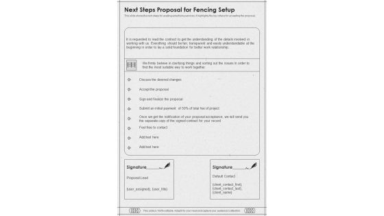 Next Steps Proposal For Fencing Setup One Pager Sample Example Document