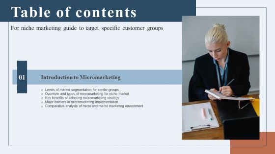 Niche Marketing Guide To Target Specific Customer Groups Table Of Contents Background PDF