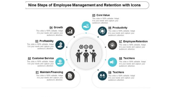 Nine Steps Of Employee Management And Retention With Icons Ppt Powerpoint Presentation Example File