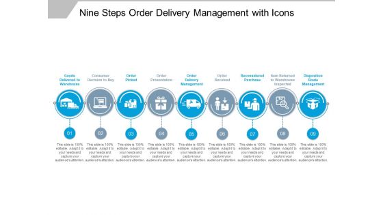 Nine Steps Order Delivery Management With Icons Ppt PowerPoint Presentation Model Graphics Template