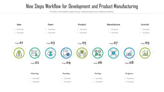 Nine Steps Workflow For Development And Product Manufacturing Ppt PowerPoint Presentation File Deck PDF
