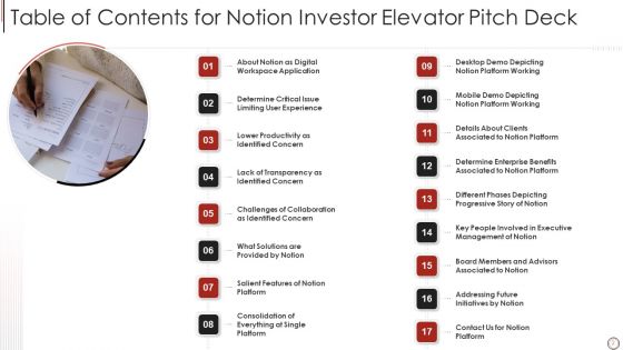 Notion Investor Elevator Pitch Deck Ppt PowerPoint Presentation Complete Deck With Slides