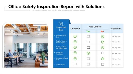 Office Safety Inspection Report With Solutions Ppt PowerPoint Presentation File Samples PDF