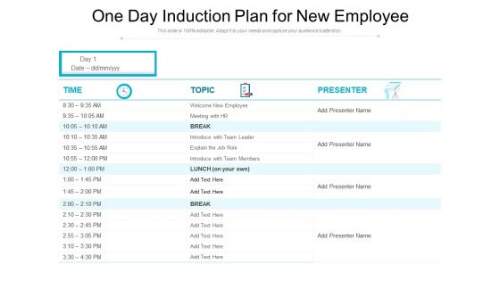 One Day Induction Plan For New Employee Ppt Ideas Slideshow PDF