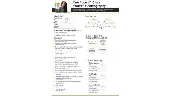 One Page 5Th Class Student Autobiography PDF Document PPT Template