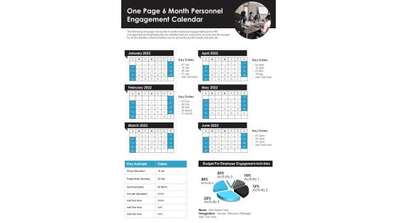 One Page 6 Month Personnel Engagement Calendar PDF Document PPT Template