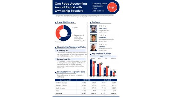 One Page Accounting Annual Report With Ownership Structure PDF Document PPT Template