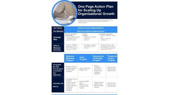 One Page Action Plan For Scaling Up Organizational Growth PDF Document PPT Template