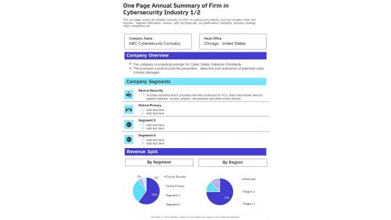 One Page Annual Summary Of Firm In Cybersecurity Industry One Pager Documents One Page Annual Summary Of Firm In Cybersecurity Industry One Pager Documents