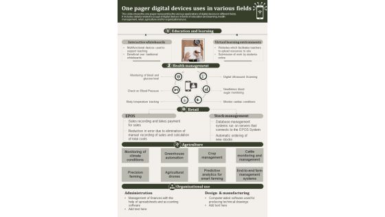 One Page Applications Of Electronic Devices PDF Document PPT Template