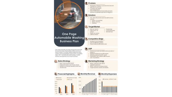 One Page Automobile Washing Business Plan PDF Document PPT Template