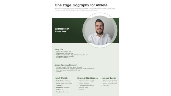 One Page Biography For Athlete PDF Document PPT Template