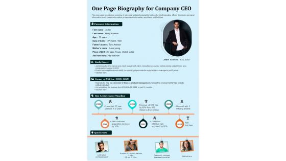 One Page Biography For Company CEO PDF Document PPT Template