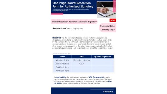 One Page Board Resolution Form For Authorized Signatory PDF Document PPT Template