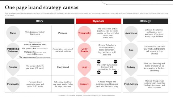 One Page Brand Strategy Canvas Brand Introduction Plan Portrait PDF