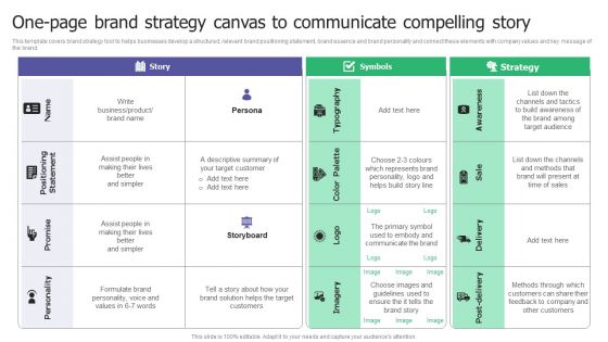 One Page Brand Strategy Canvas To Communicate Compelling Story Ppt File Diagrams PDF