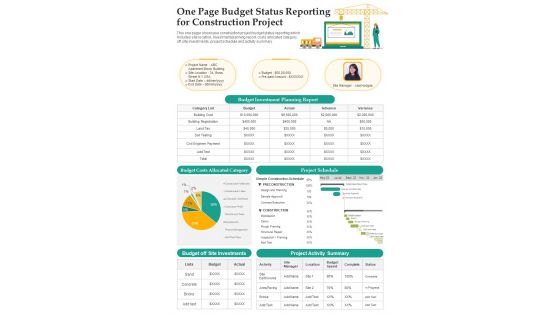One Page Budget Status Reporting For Construction Project PDF Document PPT Template