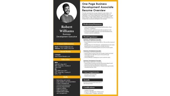 One Page Business Development Associate Resume Overview PDF Document PPT Template