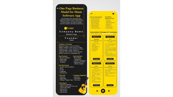 One Page Business Model For Music Software App PDF Document PPT Template