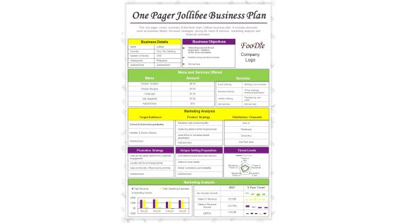 One Page Business Plan For Fast Food Chain Jollibee PDF Document PPT Template