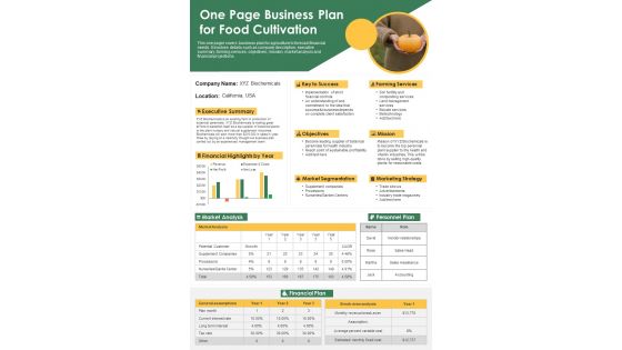 One Page Business Plan For Food Cultivation PDF Document PPT Template