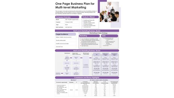 One Page Business Plan For Multi Level Marketing PDF Document PPT Template