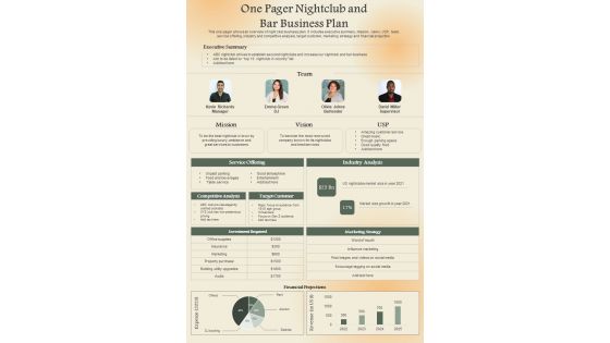 One Page Business Plan For Night Lounge And Bar PDF Document PPT Template