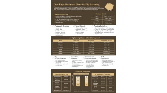 One Page Business Plan For Pig Farming PDF Document PPT Template